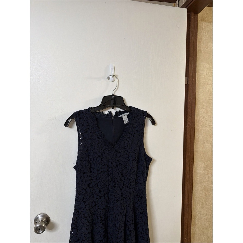 H&M Womens S Navy Blue Lace Lined V-Neck A-line Short Dress Zip Back
